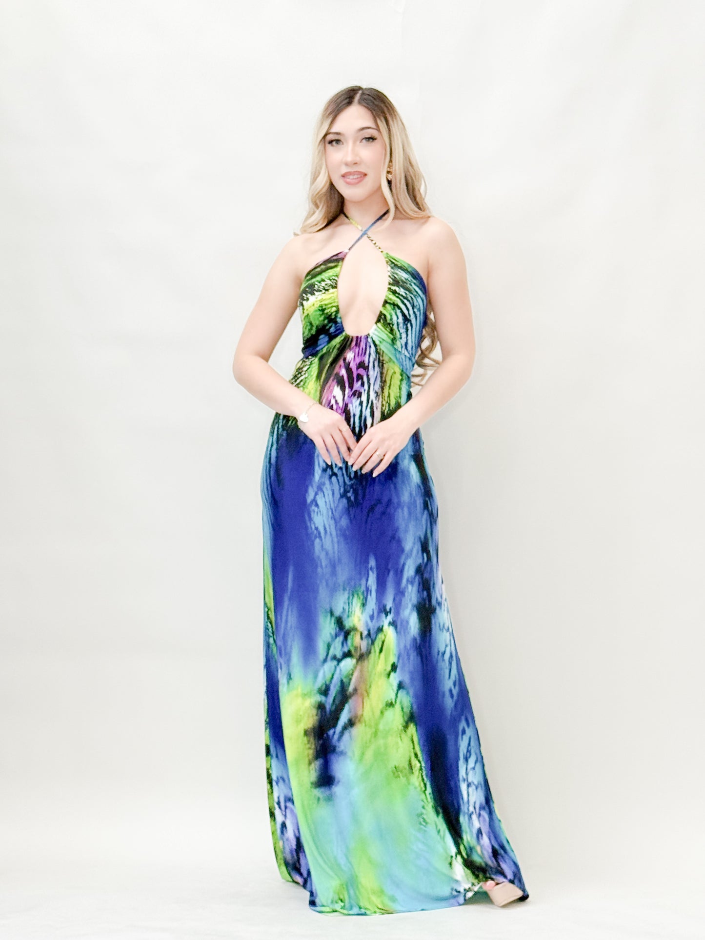 Abstract Print Halter Neck Maxi Dress