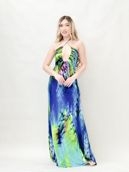 Abstract Print Halter Neck Maxi Dress
