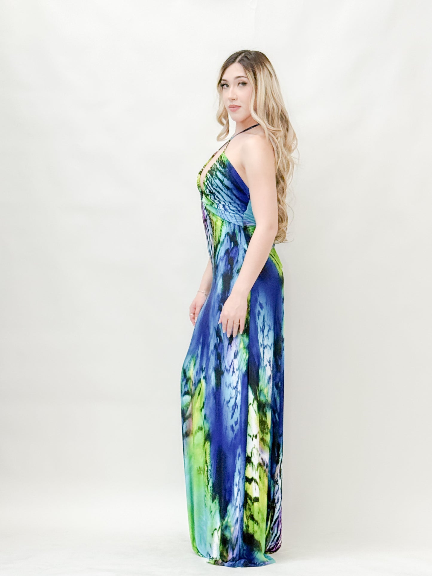 Abstract Print Halter Neck Maxi Dress