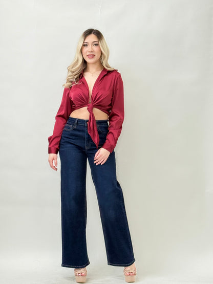 Burgundy Satin Tie-Front Blouse