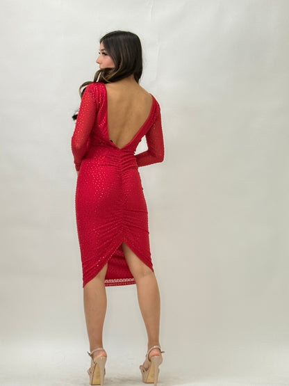 Rhinestone Long Sleeves Midi Dress