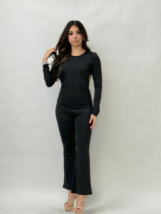 Open Back Long Sleeve Flare Jumpsuit