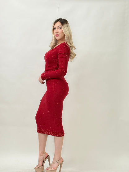 Long Sleeve Pearl and Rhinestone Midi Dress