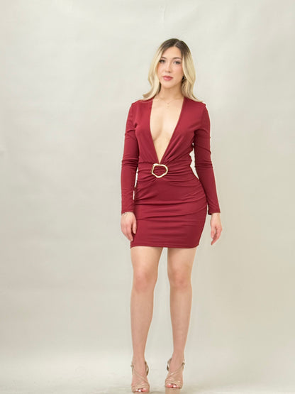 Burgundy V-Neck Mini Dress with Gold Ring Detail