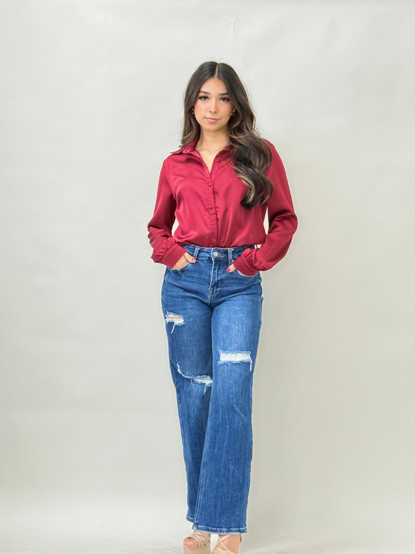 Burgundy Satin Button-Down Blouse