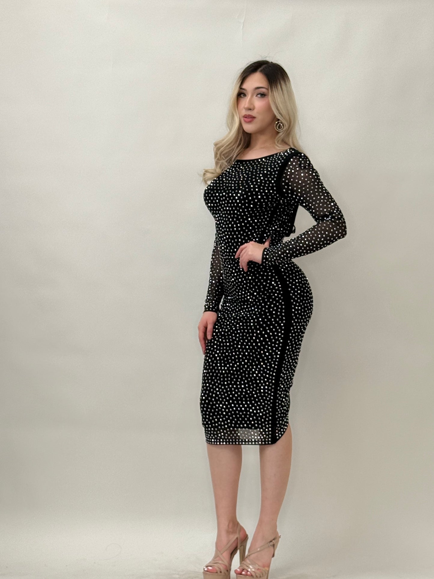 Rhinestone Long Sleeves Midi Dress