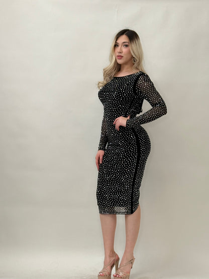 Rhinestone Long Sleeves Midi Dress