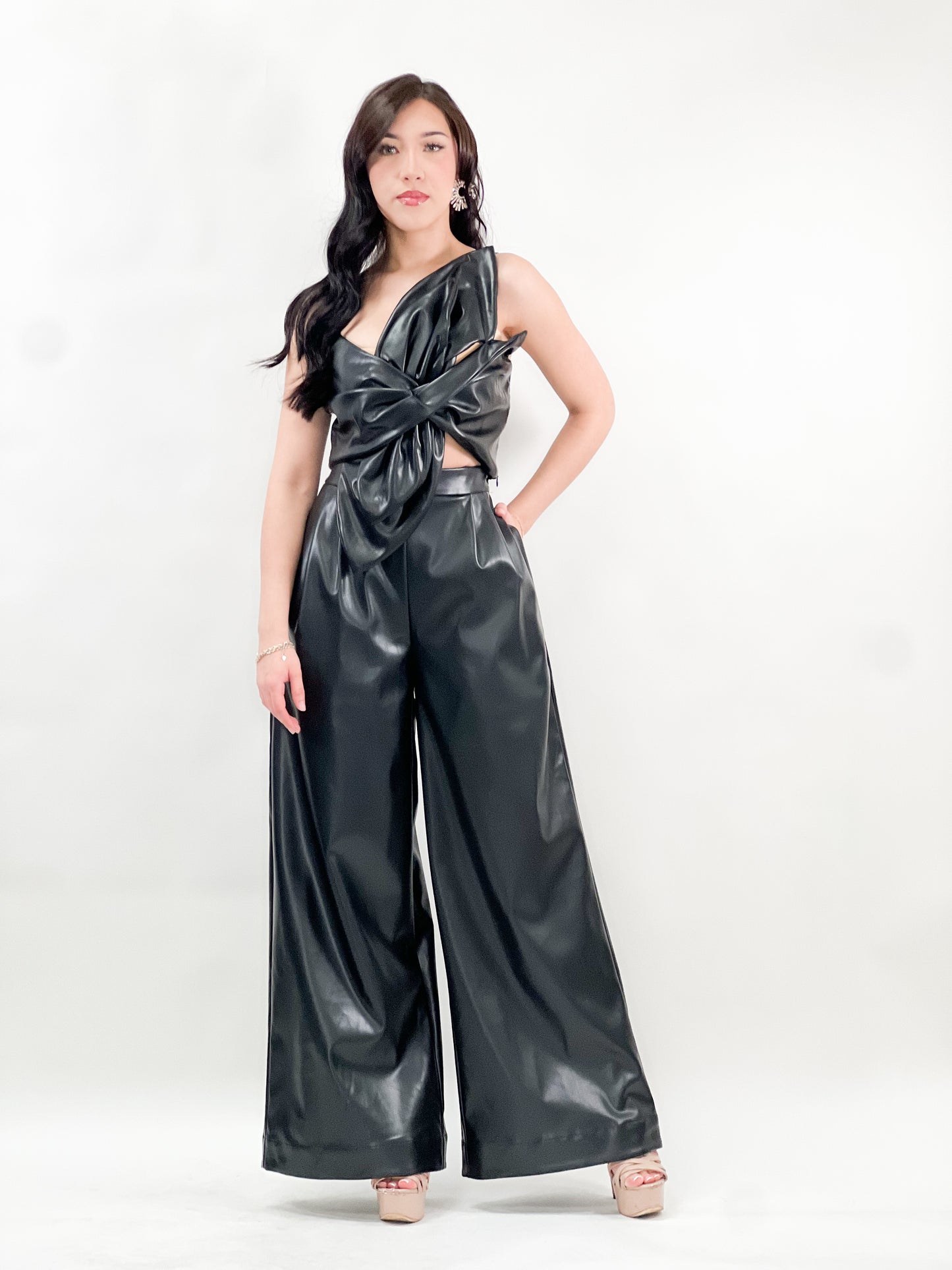 One Shoulder Wide Legs Matching Set faux Leather