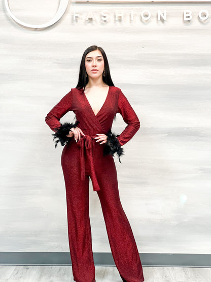 Long sleeves feather detailed wine jumpsuit