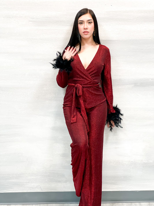Long sleeves feather detailed wine jumpsuit