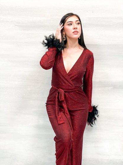 Long sleeves feather detailed wine jumpsuit