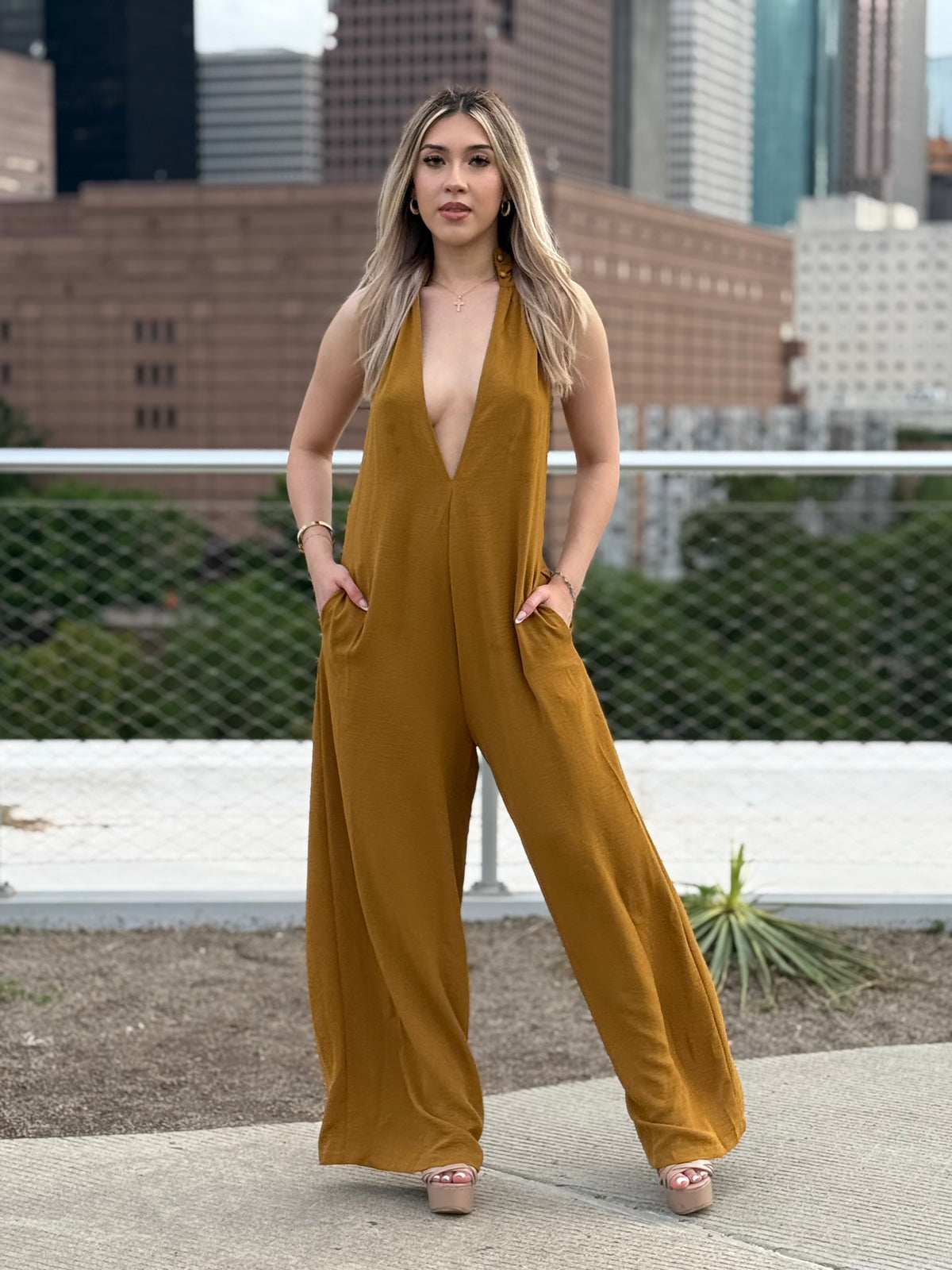 Golden Glow Plunge Jumpsuit
