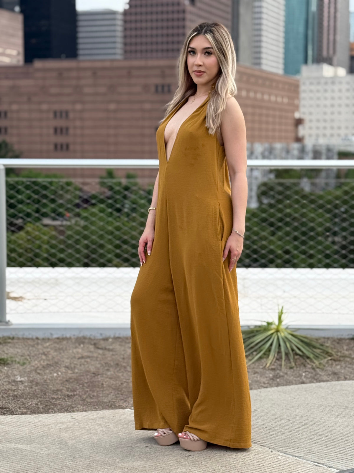 Golden Glow Plunge Jumpsuit