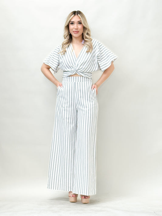 Sage Stripe Two-Piece Pant Set