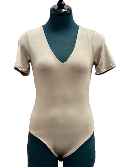 Solid V Neck Bodysuit, Short Sleeve