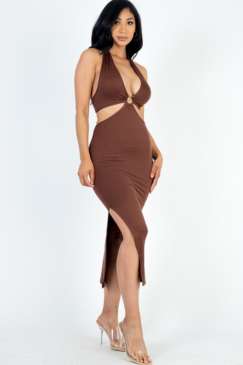 Cut Out Haller Neck Thigh Midi Dress