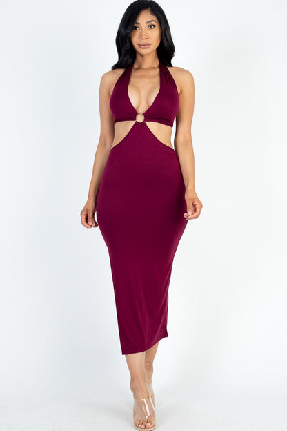 Cut Out Haller Neck Thigh Midi Dress