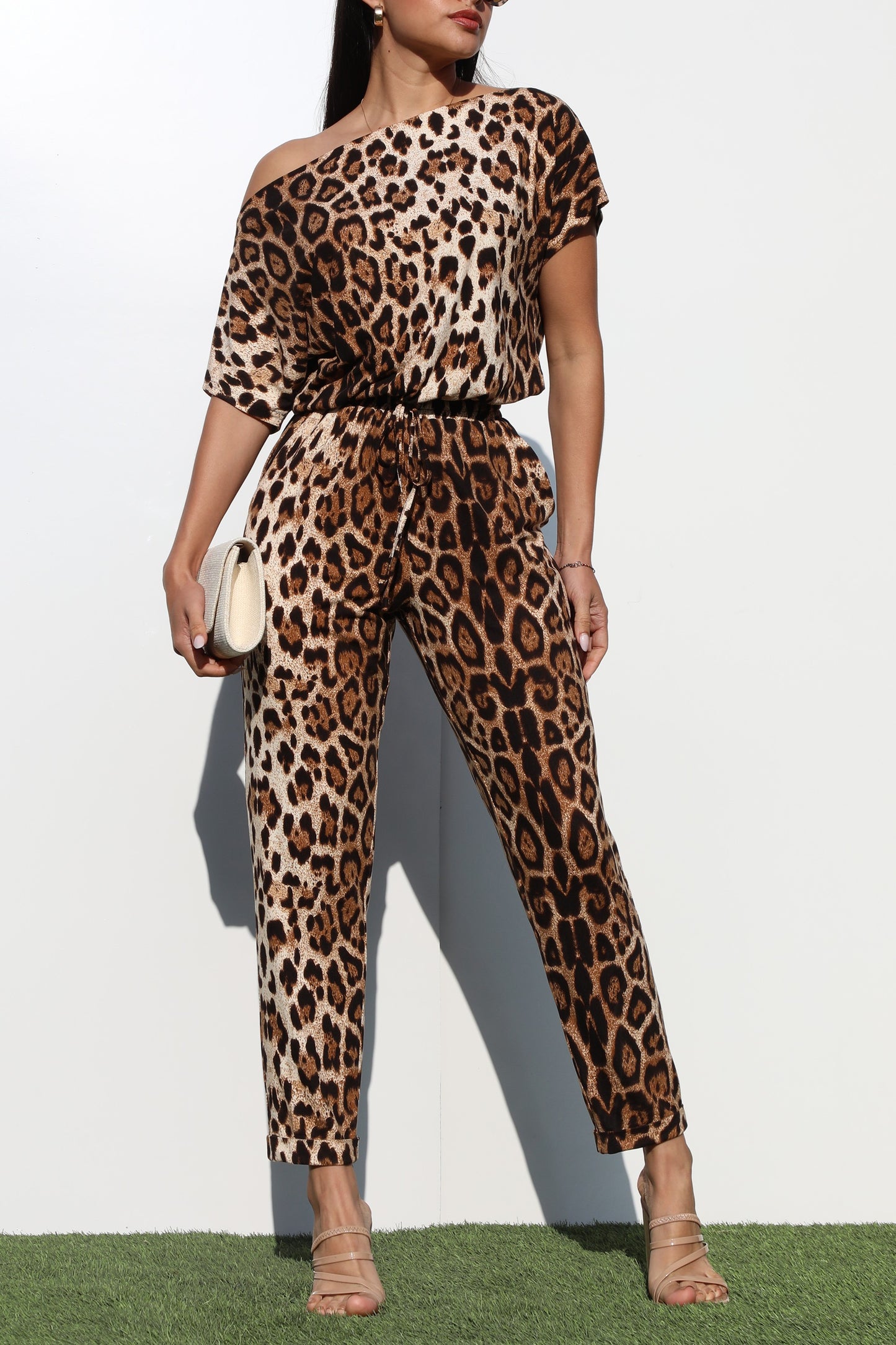 Leopard One Shoulder Knit Jumpsuit
