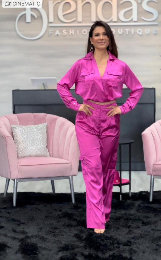 Solid Satin Fuchsia Long Sleeves Top and Pants