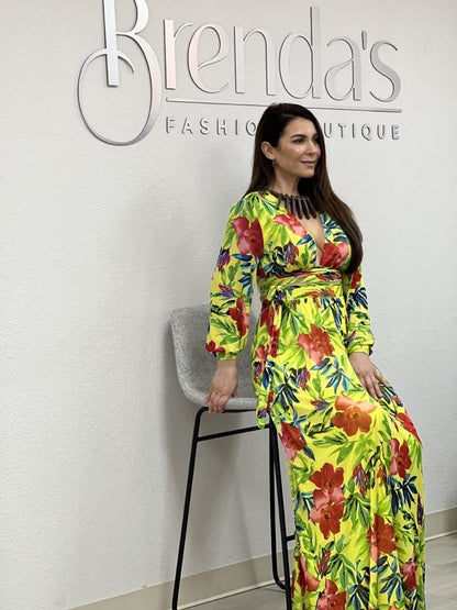 Long Sleeve Flor Print Maxi Dress