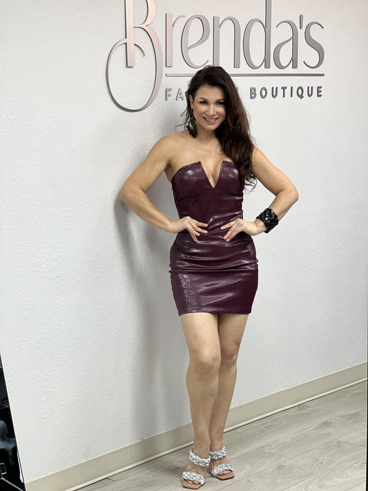 Wine Imitation Leather Mini Dress