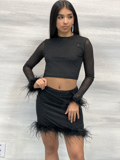 Rhinestone and Feather Mesh Crop Top and Mini Skirt Set