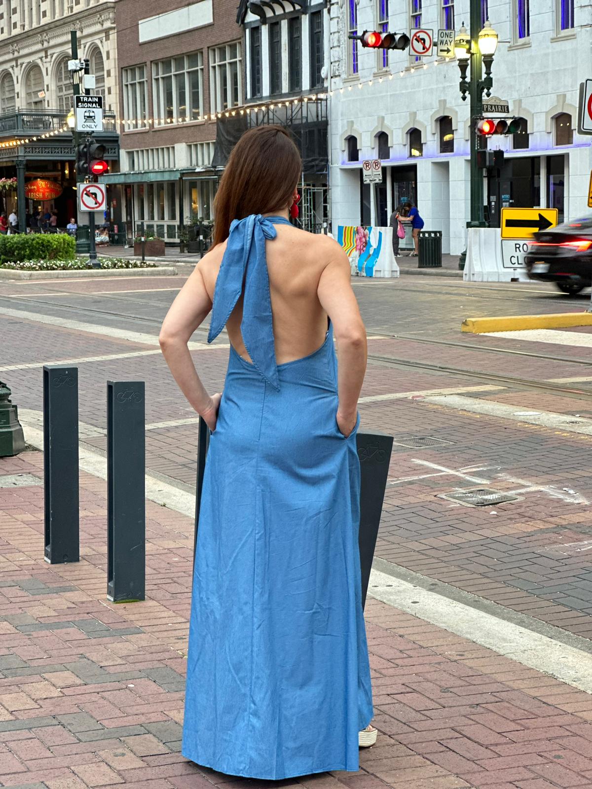 Denim haltered long maxi dress with pockets and back Open