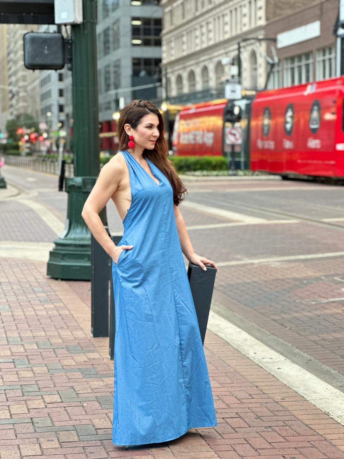 Denim haltered long maxi dress with pockets and back Open