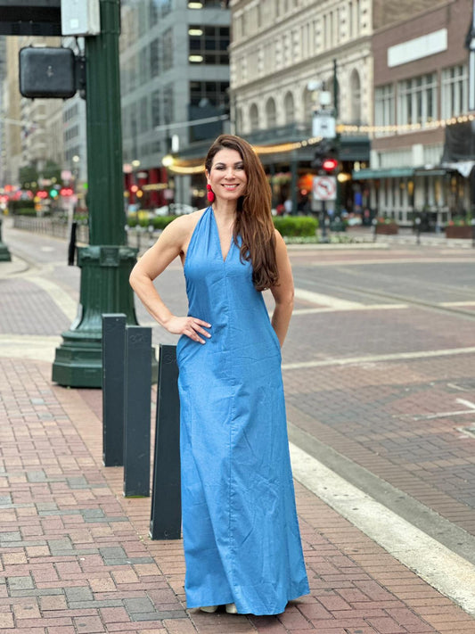 Denim haltered long maxi dress with pockets and back Open